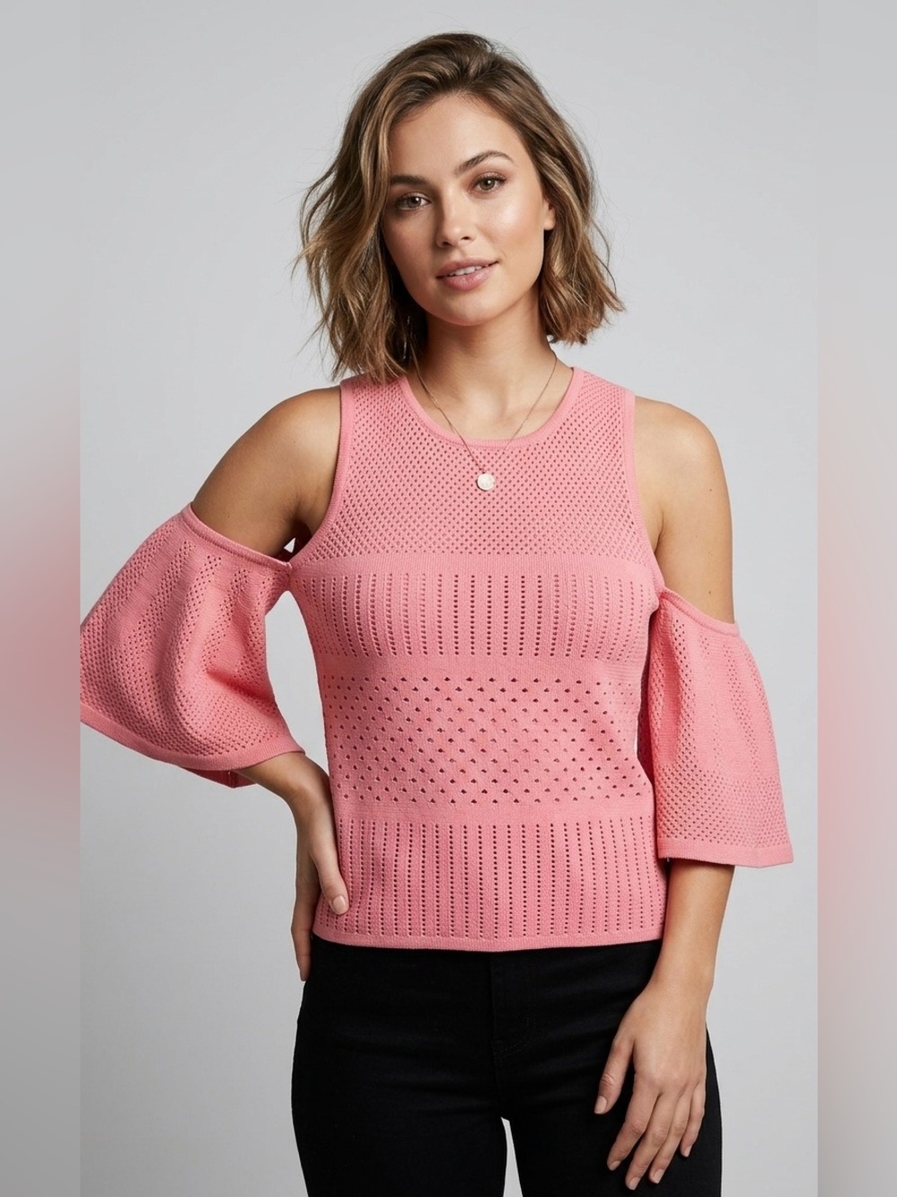 Gianni Bini Pink Cold Shoulder Knit Top Bell Sleeves Size M pointelle stripes